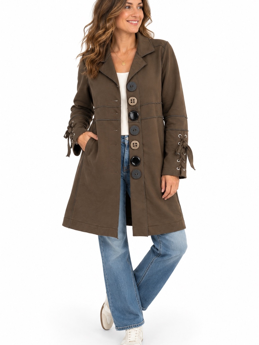 Neon Buddha Brown Cotton Coat S Lace Up Cuffs Statement Buttons Artsy Lagenlook